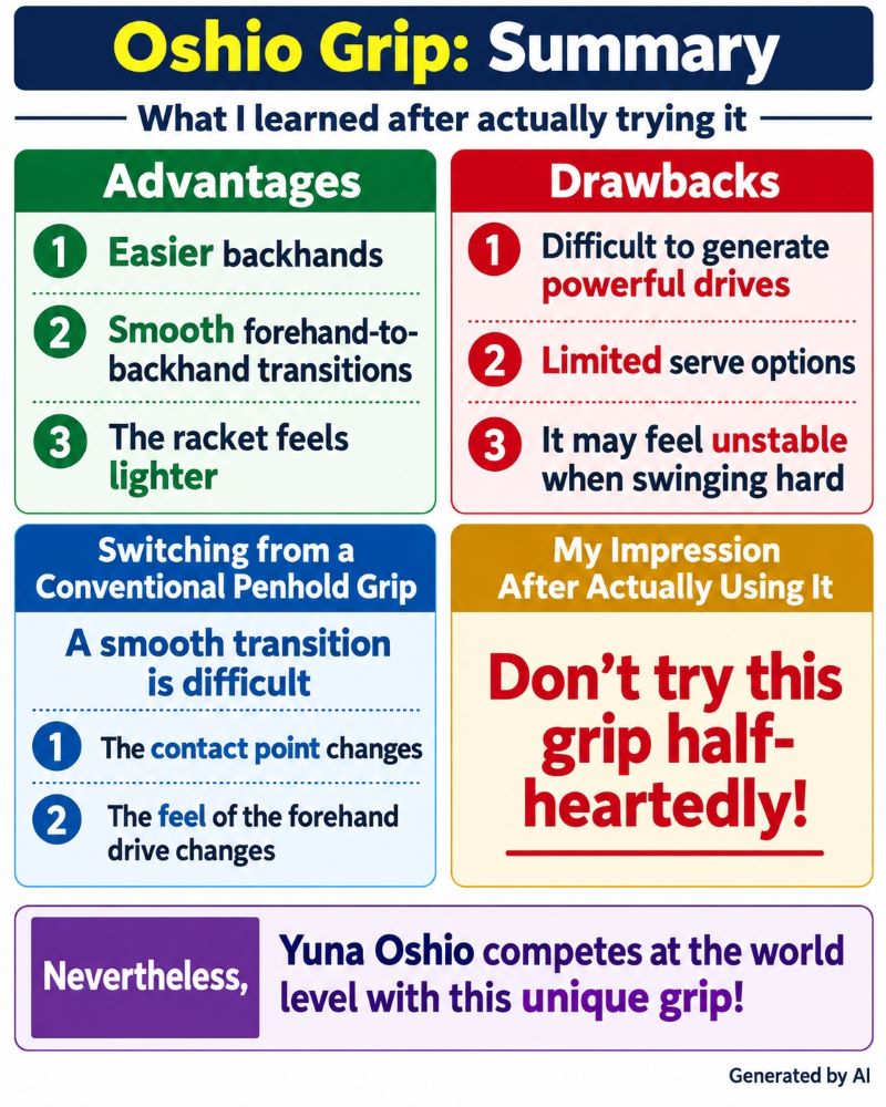 Summary of the advantages and drawbacks of Yuna Oshio's unique table tennis grip
